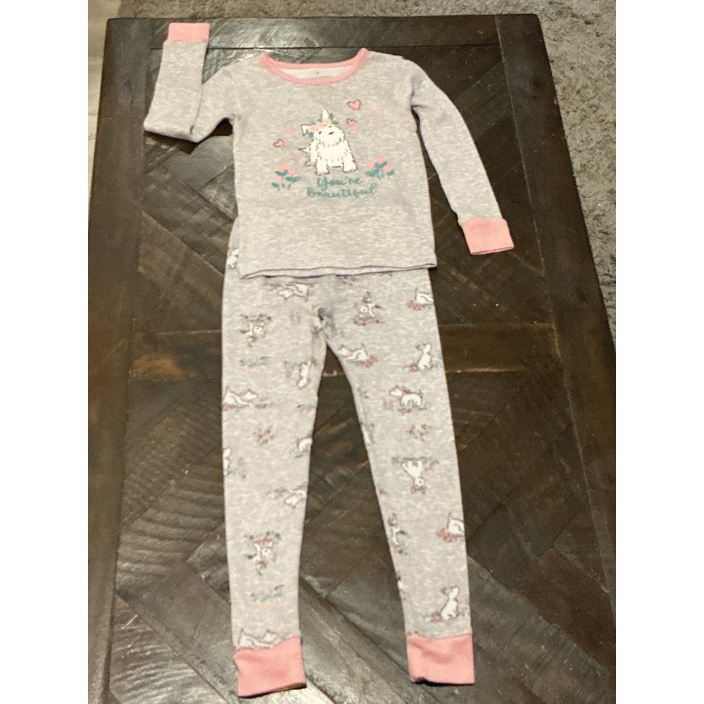 Laura Ashley Girls Pajama Set Size 5 Grey Pink Dog Terrier You're Beautiful 2PC